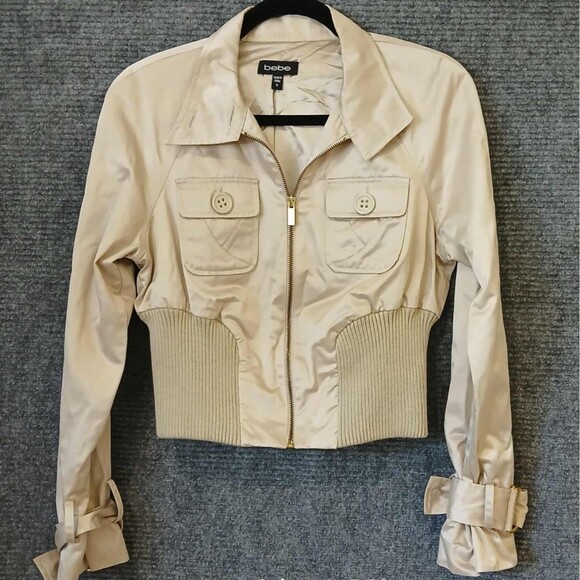 Bebe Vintage Y2K Cropped Moto Bomber Jacket Size M RARE Tan Beige Gold 00s Zip - Picture 1 of 9